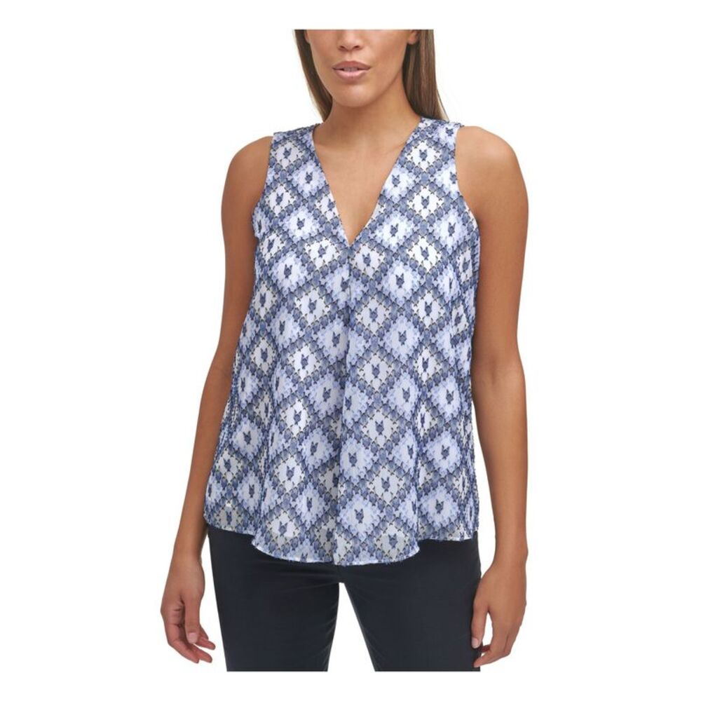 CALVIN KLEIN Womens Top Stretch Textured Sleeveless V Neck Wear To Work Lined